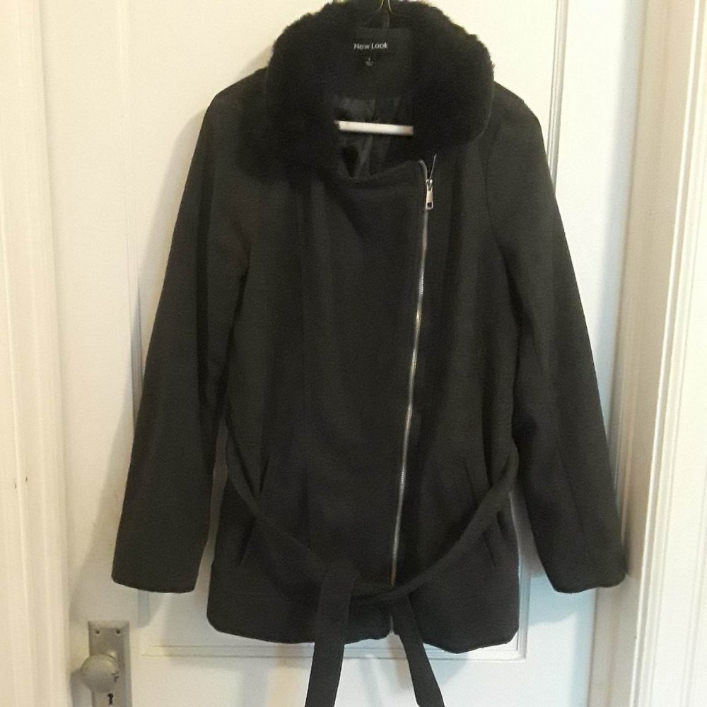 NEW LOOK WOMEN'S FLEECE & FAUX FUR COLLAR JACKET - SIZE L - ZIPPER & WAIST BELT